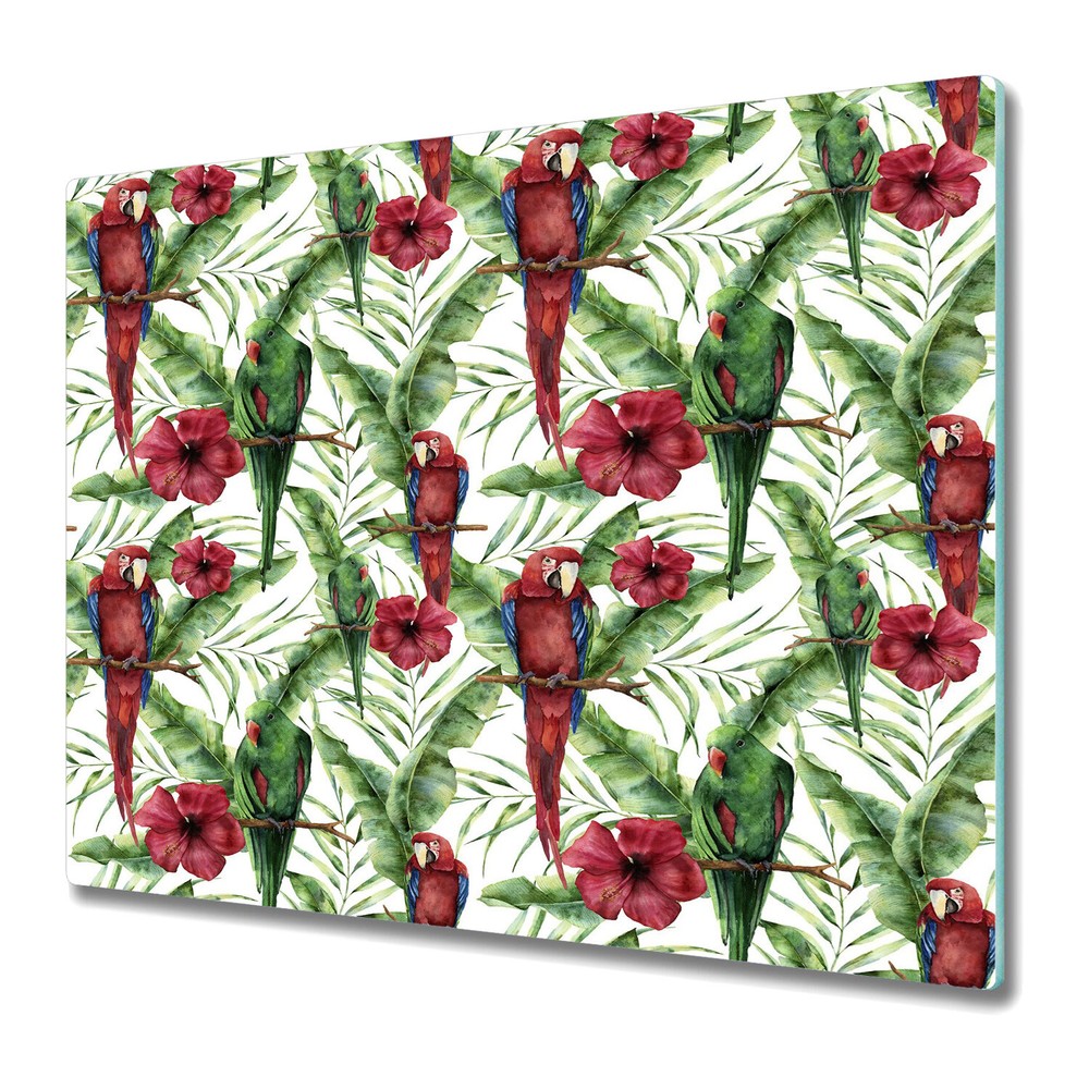 Glass Worktop Saver Kitchen Exotic Parrots on tropical leaves Watercolour 60x52