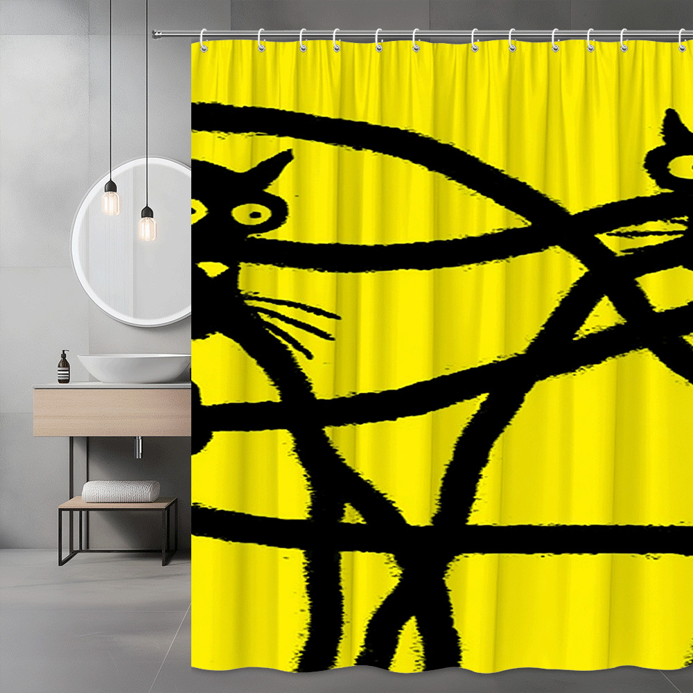 Yellow Black Cat Shower Curtain Abstract Graphic Print