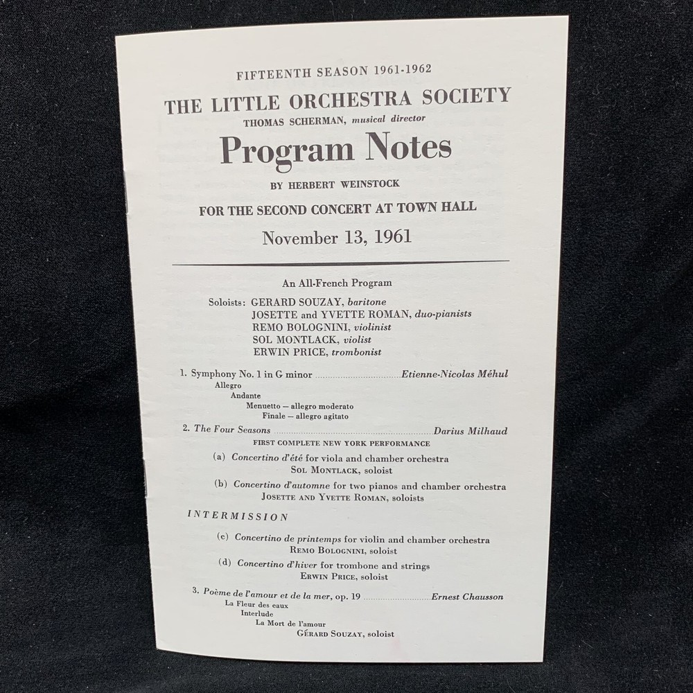 GERARD SOUZAY, REMO BOLOGNINI, MONTLACK, PRICE Concert Program Nov 13, 1961 NYC