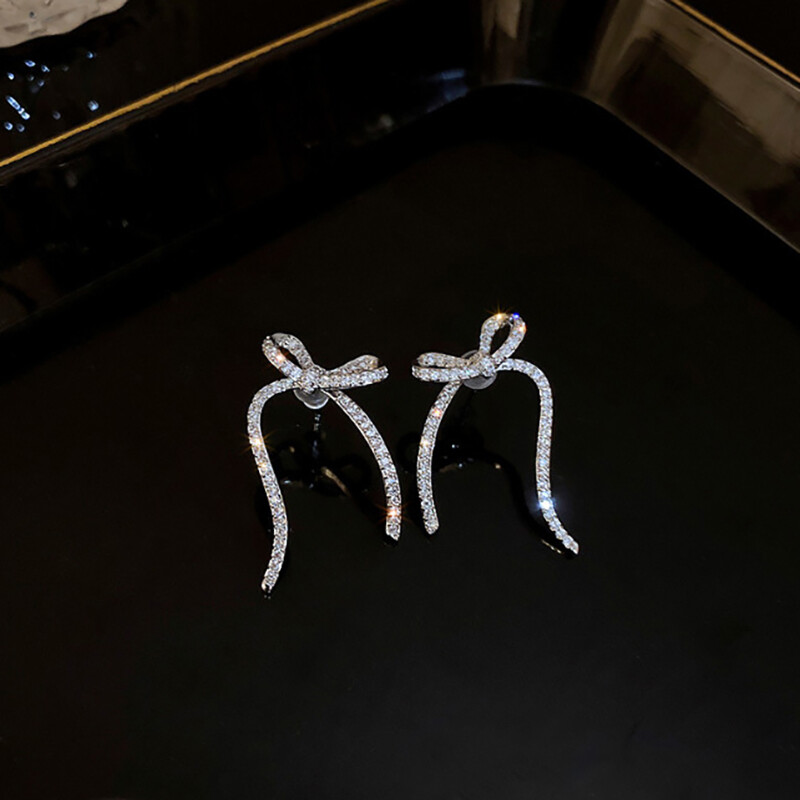 Luxury Rhinestone Bow Stud Earrings Crystal Long Drop Fashion CR