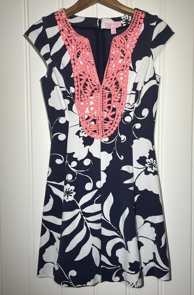 Lilly Pulitzer Women's Size XXS Navy Blue Tropical Knit Fit Flare Dress