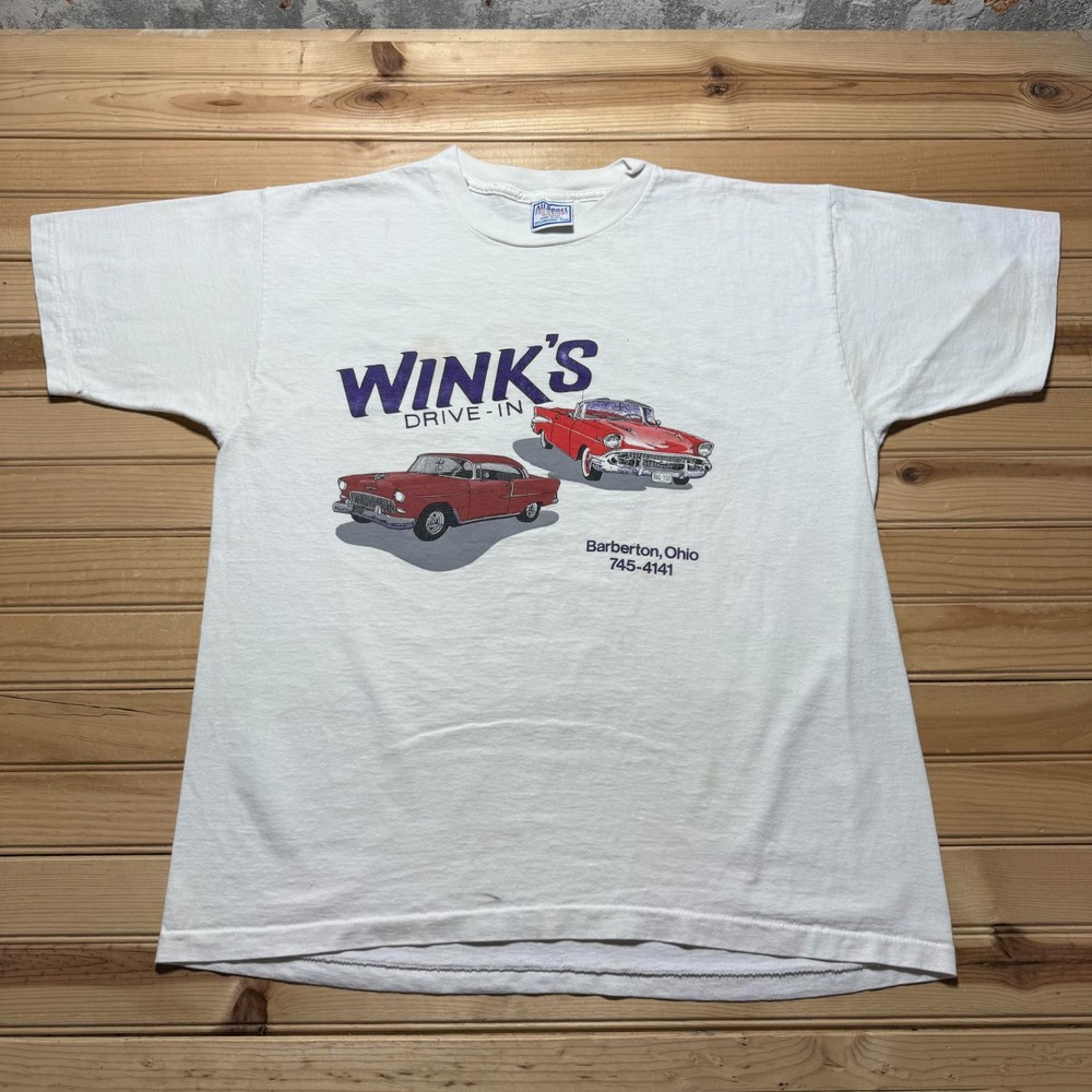 Vintage 90s Wink's Drive In Barberton Ohio 50s Diner Cars T-Shirt USA Made - XL