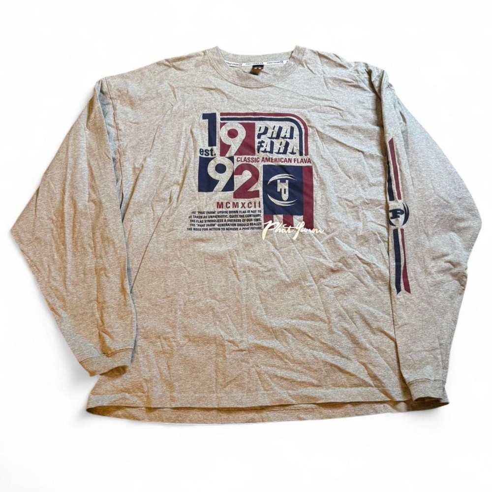 VTG Phat Farm Classic American Flava USA Flag Long Sleeve Grey Shirt