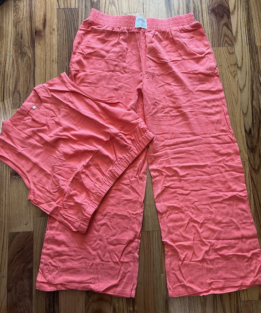 Women's Orange Solid 2-Piece Outfit Set Crew Neck Top & Wide-Leg Pants XL