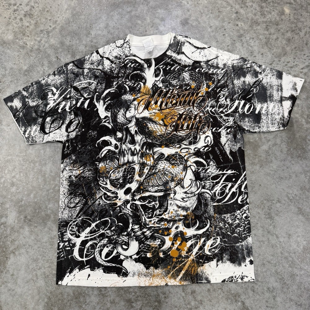 Vintage Miami Ink shirt mens XL y2k grunge all over print skull tattoo skate emo
