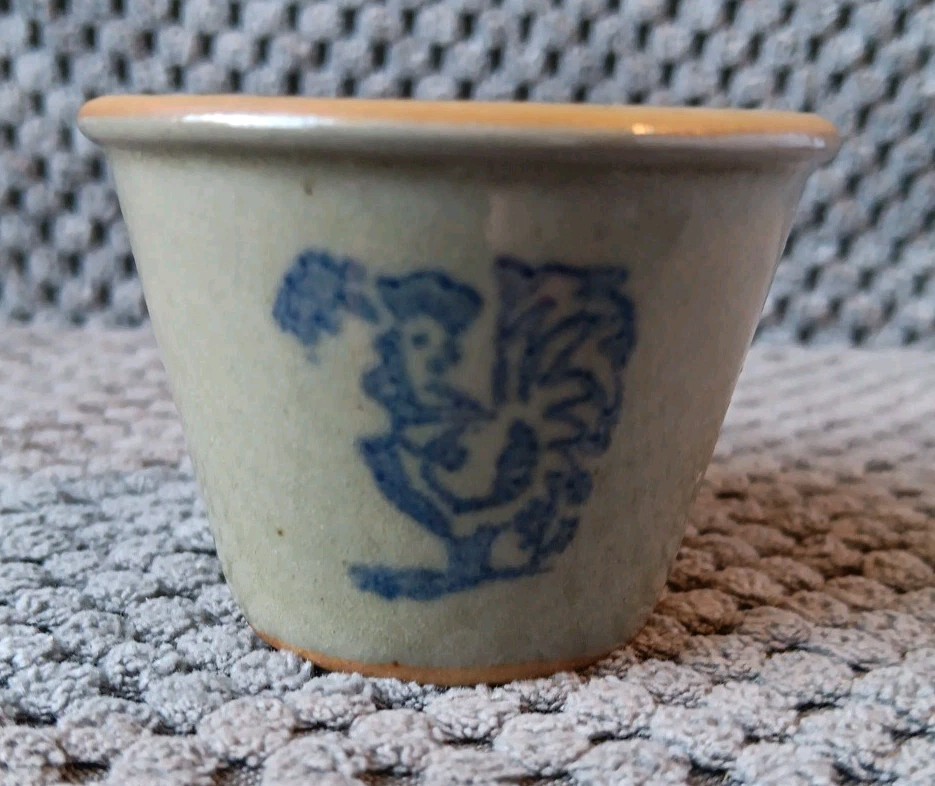 Vintage Miniature Stoneware Salt Glazed Crock, Blue Rooster, 1.5