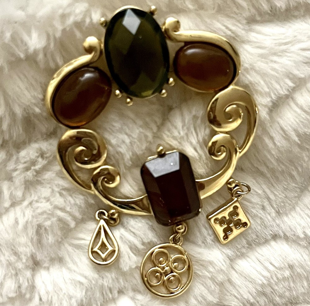 Charm Brooch Pin Jeweled Ornate Victorian Gold Plated Glass Cabochons Vintage