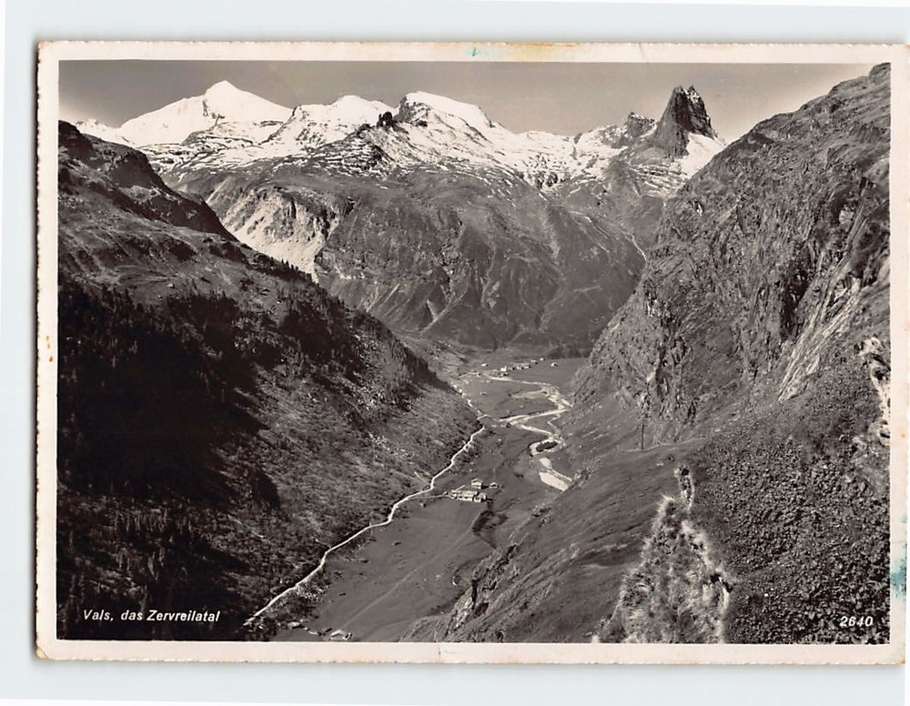 Postcard  A scenic view of the Vals Valley (Zervreilatal) in Switzerland