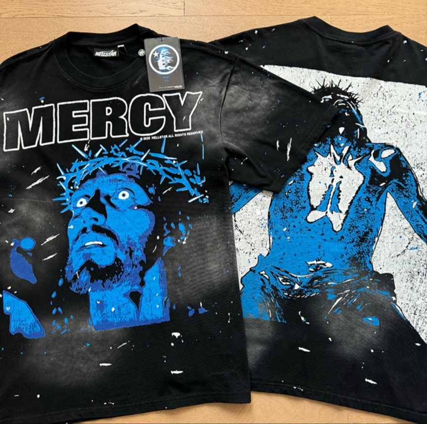 HELLSTAR Black Blue Cotton Graphic Print T-Shirt Men's Short Sleeve Crew Neck