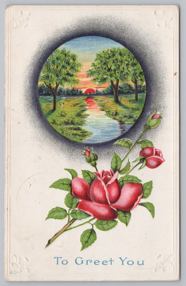 Greetings~To Greet You~Creek Sunrise Scene & Roses~Embossed~PM 1911~Vintage PC