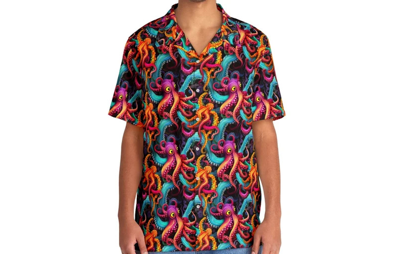 Vibrant Octopus Art Hawaii Shirt Mens Beach Vacation Aloha Top