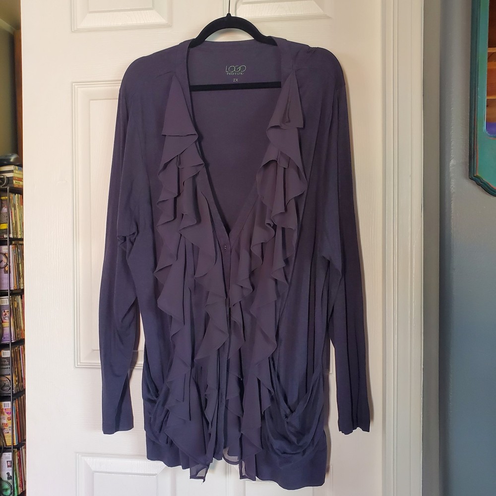 LOGO Lori Goldstein Chiffon Ruffle Front Cardigan Blue Button-up Flowy Elegant