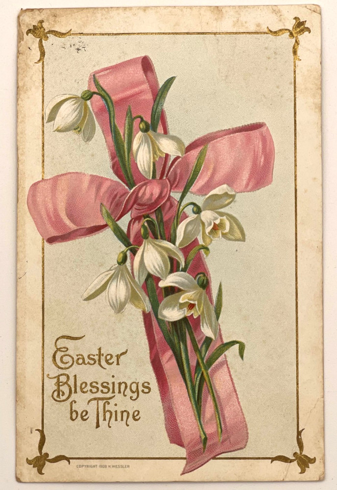 Antique 1908 Easter Postcard – Pink Ribbon Cross with Snowdrops H. Wessler