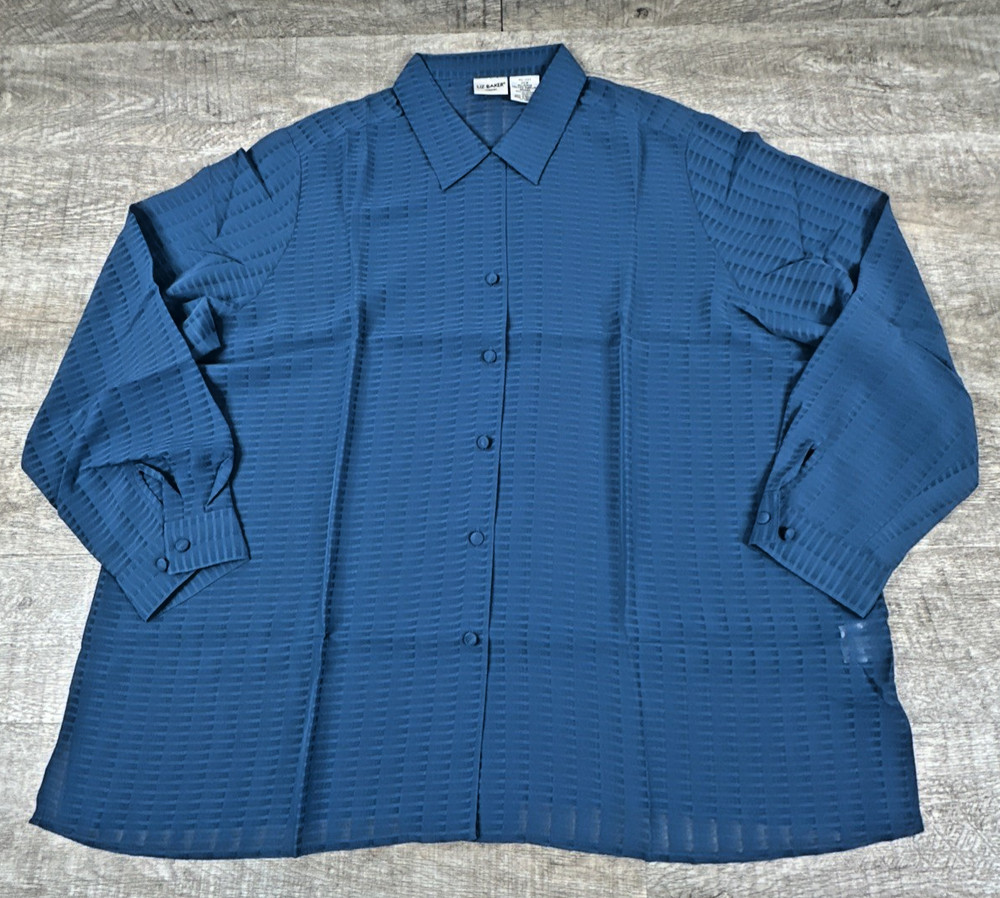 Liz Baker Blue Sheer Button Up Blouse Women's Size 26W Long Sleeve Collared Top
