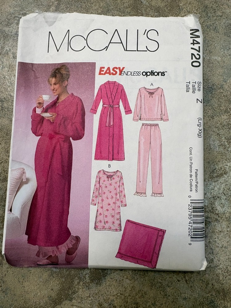 McCalls 4720 pattern, Misses Nightgown, PJs, Robe,   Sizes L-XL  UNCUT