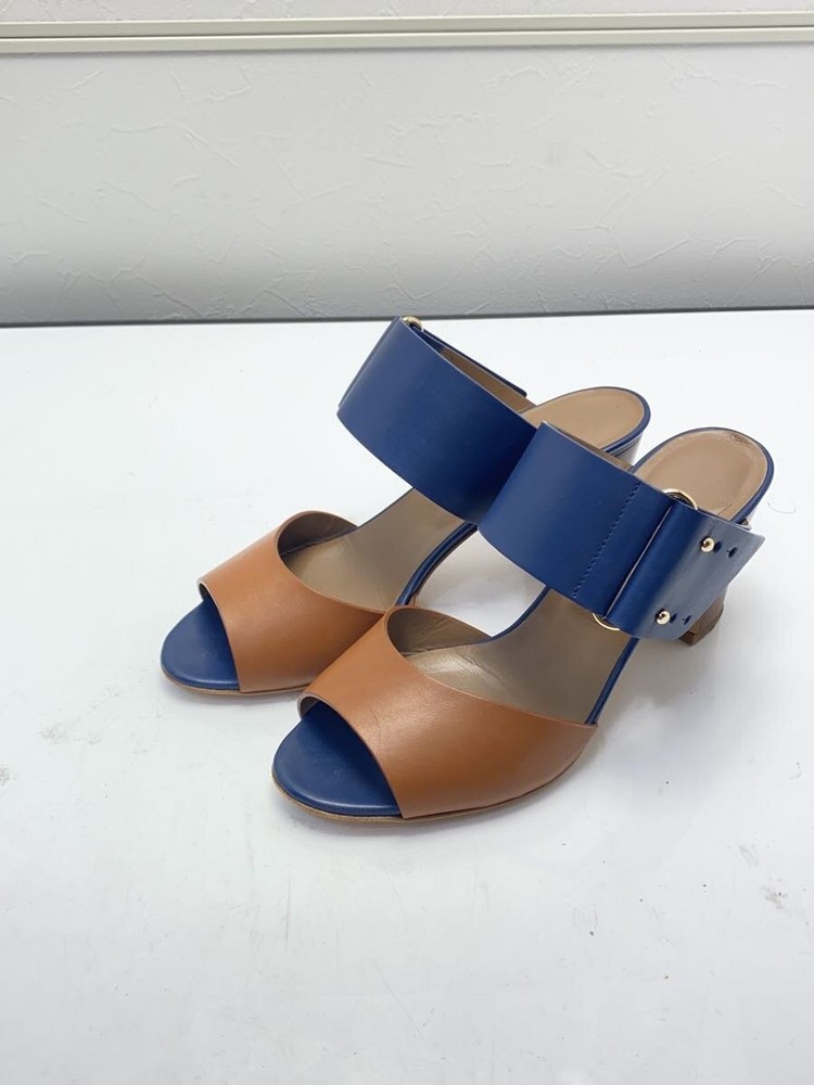 Authentic HERMES Bicolor Leather Slip-On Heel Sandals EU 36 Blue Brown Preowned