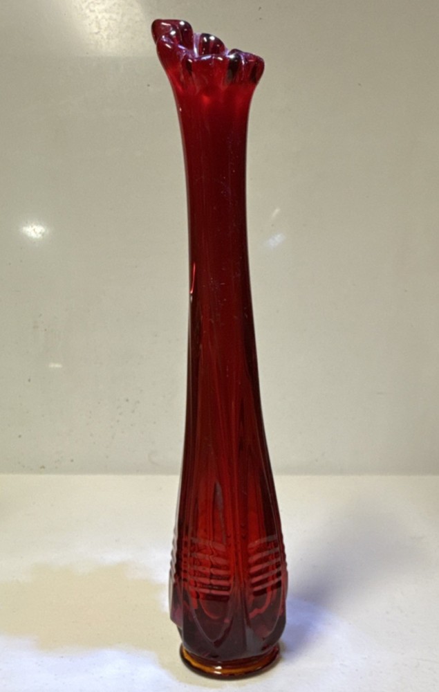 MCM Fenton Barred Oval Amberina Art Glass Bud Vase