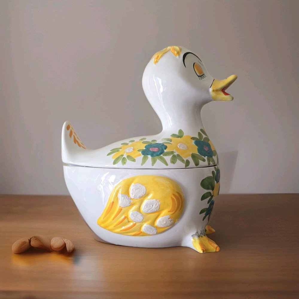 Hand-Painted Ceramic Duck Cookie Jar Floral Pattern White Yellow Blue with Lid