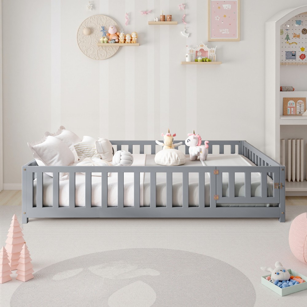 Full Size Floor Platform Bed with Fence and Door for Kids, Montessori Floor Bed