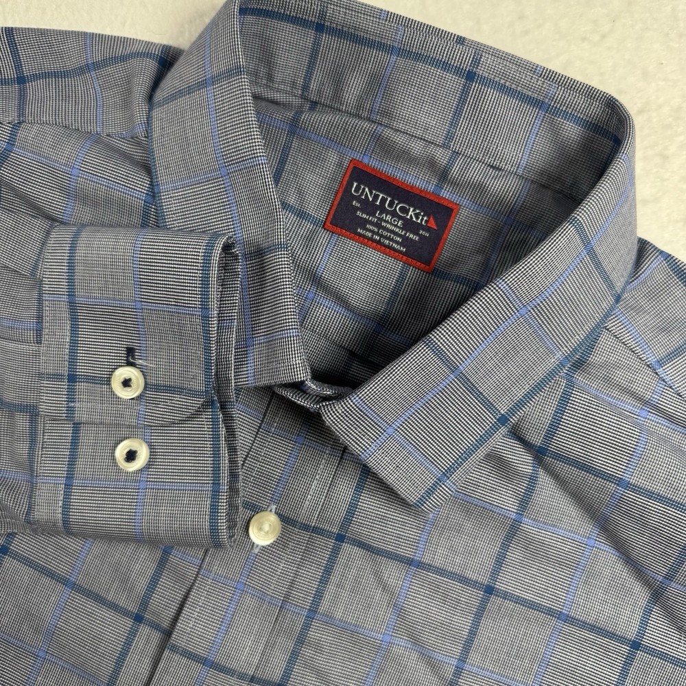 UNTUCKit Men’s L Ortman Wrinkle‑Free Slim Fit Blue Plaid Shirt