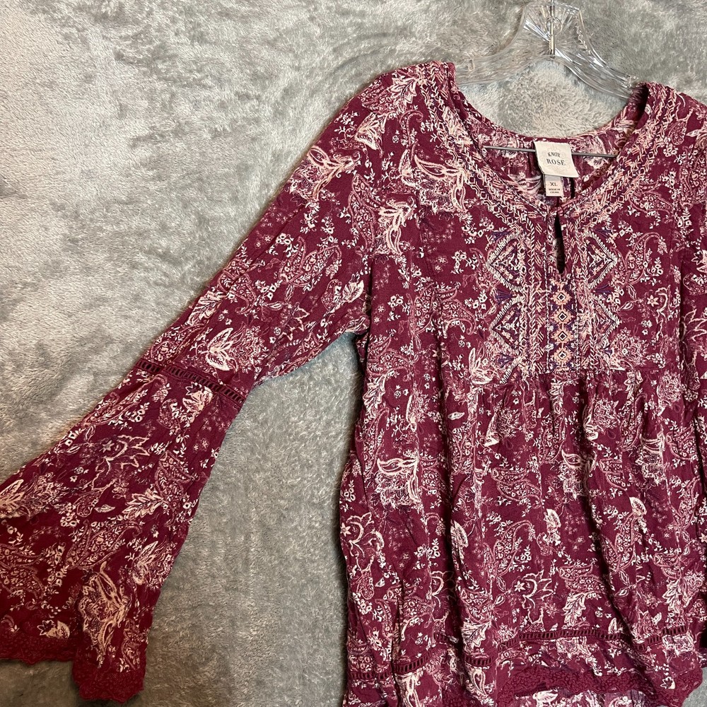 Knox Rose Women Paisley Embroidered Peasant Top XL Boho Flared Sleeve Burgundy