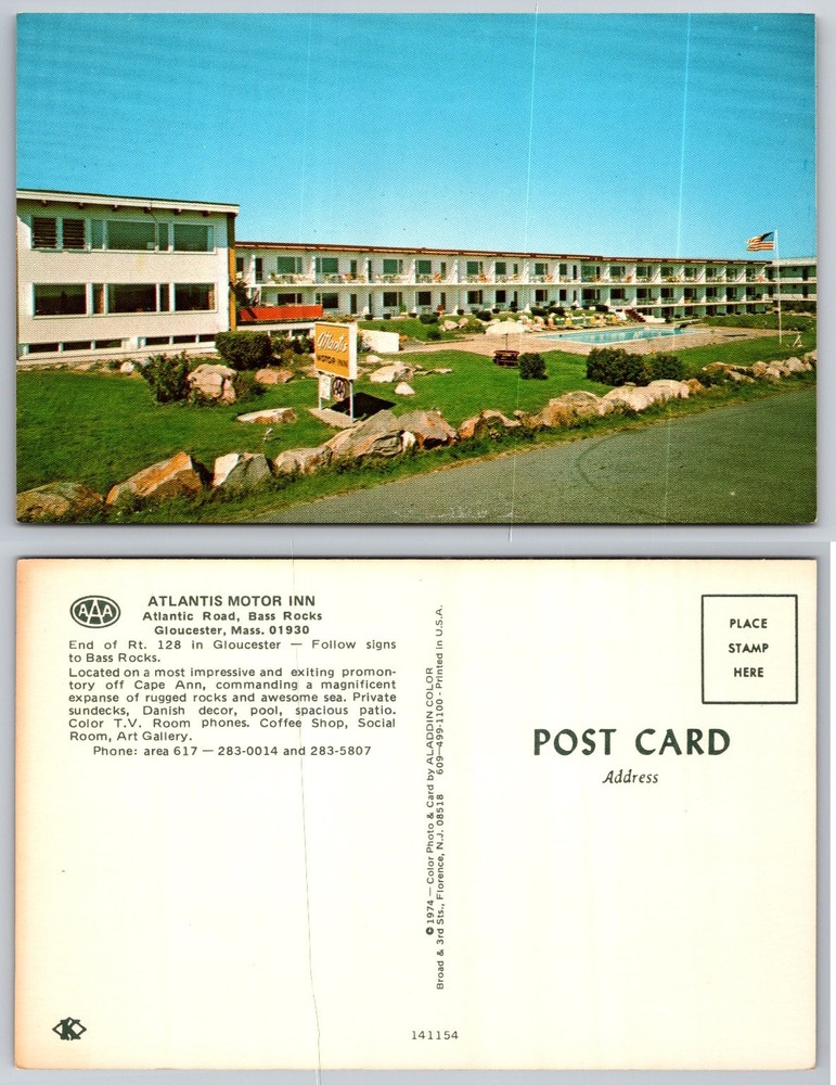 Vintage Atlantis Motor Inn Postcard Gloucester MA Bass Rocks Cape Ann 1974