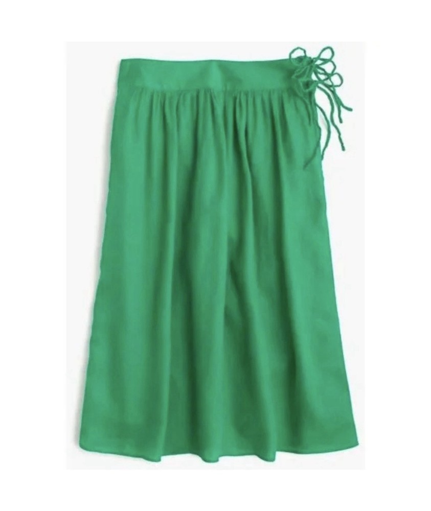 J.Crew Kelly Green Linen 2 Pocket Side Ties Lined Pleated Midi Skirt
