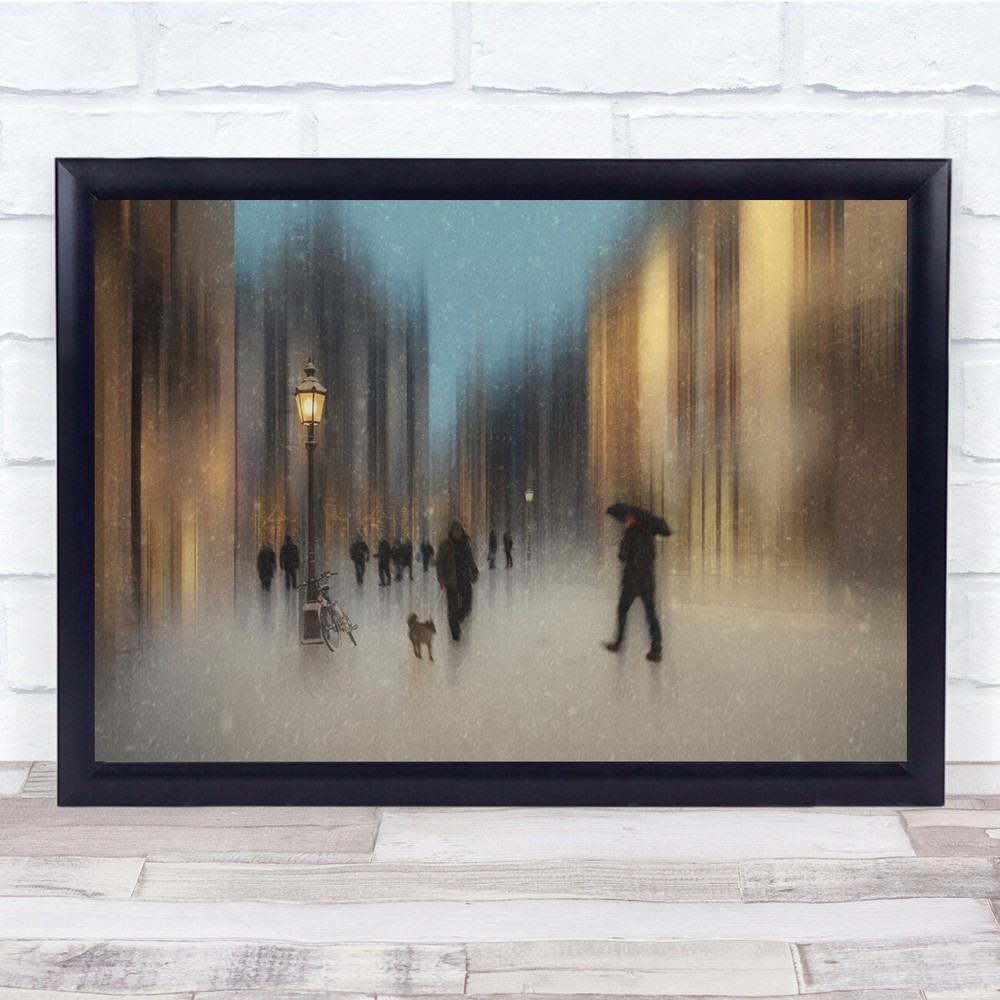 Cityscape Snowfall blurry street life Wall Art Print