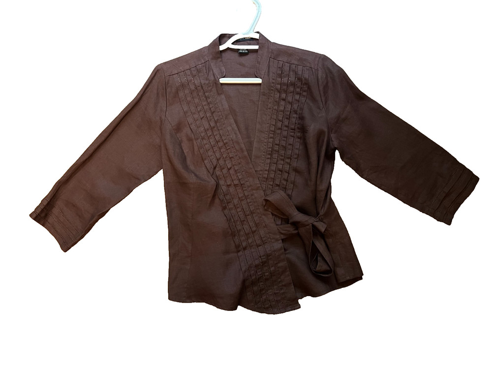 Brown Saint Tropez West 100% Linen Wrap Shirt Size S Summer Vacation