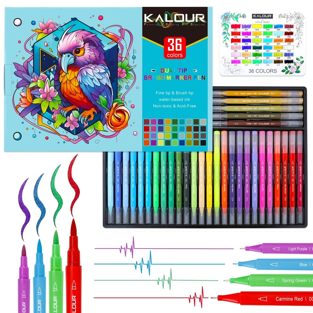 Kalour 36 Colors Art Markers Pens,Dual Tip (Brush and Fine Point),Color Numbe...