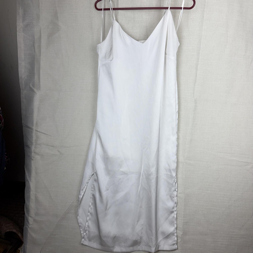Shinesar Dress Womens Small White Satin Slip Midi Lined Spaghetti Strap V Neck