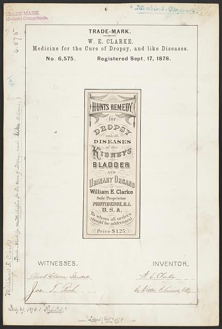 Photo:W. E. Clarke Hunts Remedy brand Medicine Cure Dropsy, like Diseases