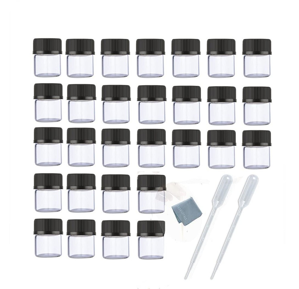 100PCS 1ML 1/4 Dram Mini Clear Glass Essential Oils Sample Bottles with Black...