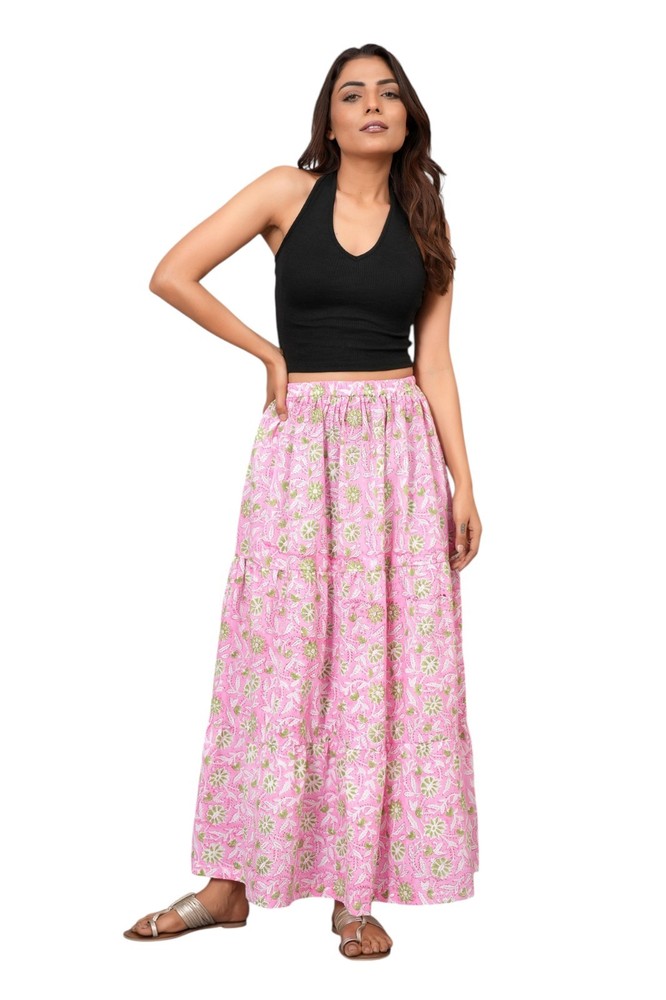 Women Floral Hand Block Printed 100% Cotton Maxi Long Skirt with Elastic Waist