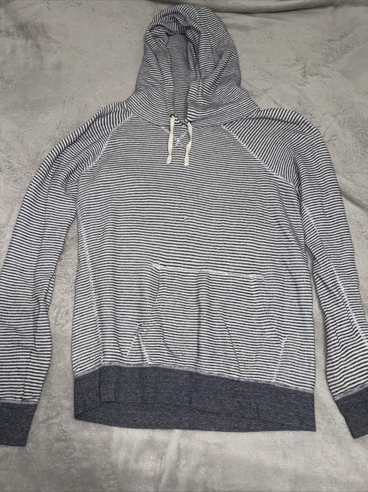 J Crew Sweater Hoodie Mens M Blue Striped Sweatshirt Hooded Knit Goods Pullover