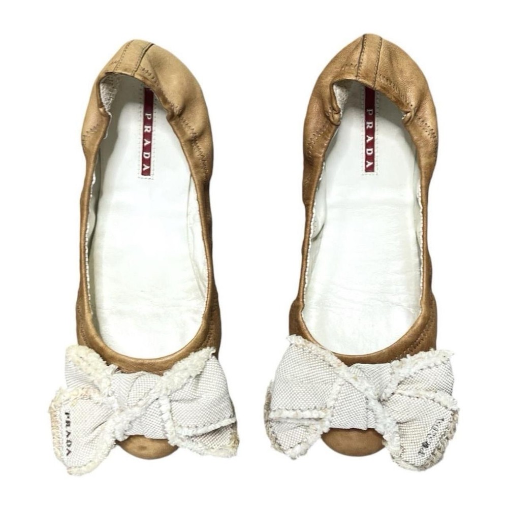 prada canvas bow tie leather flats size 35.5 EU