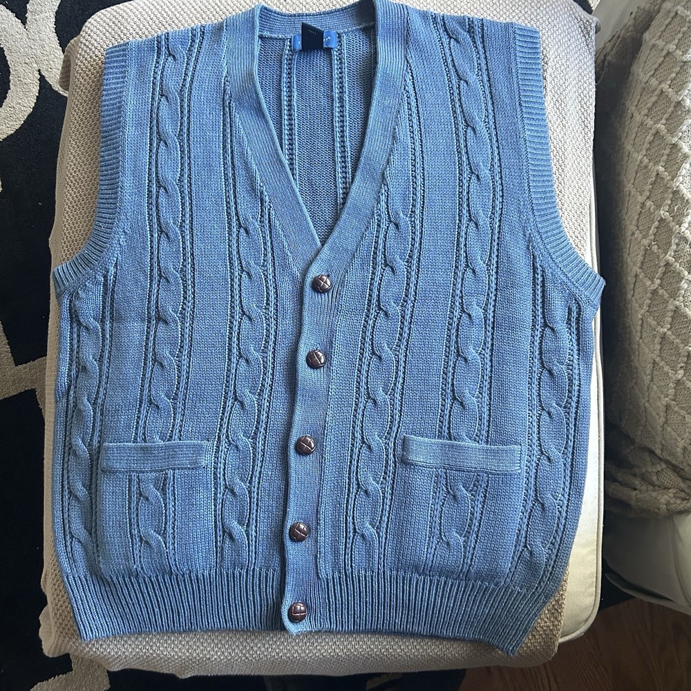 Towncraft Vintage 90s Cable Knit Sweater Vest XL Blue Grandpa Academia Nostalgia