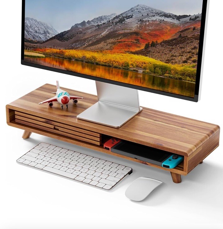 Acacia Wood Monitor Stand with Drawer - Wooden Monitor Riser for Desk - Computer-image