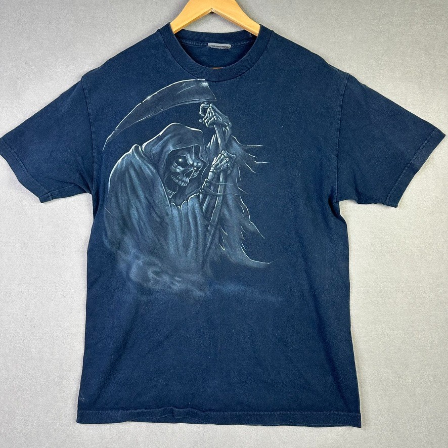 VTG Y2K Grim Reaper Graphic Gothic Men’s Shirt Black EUC Check Measurements