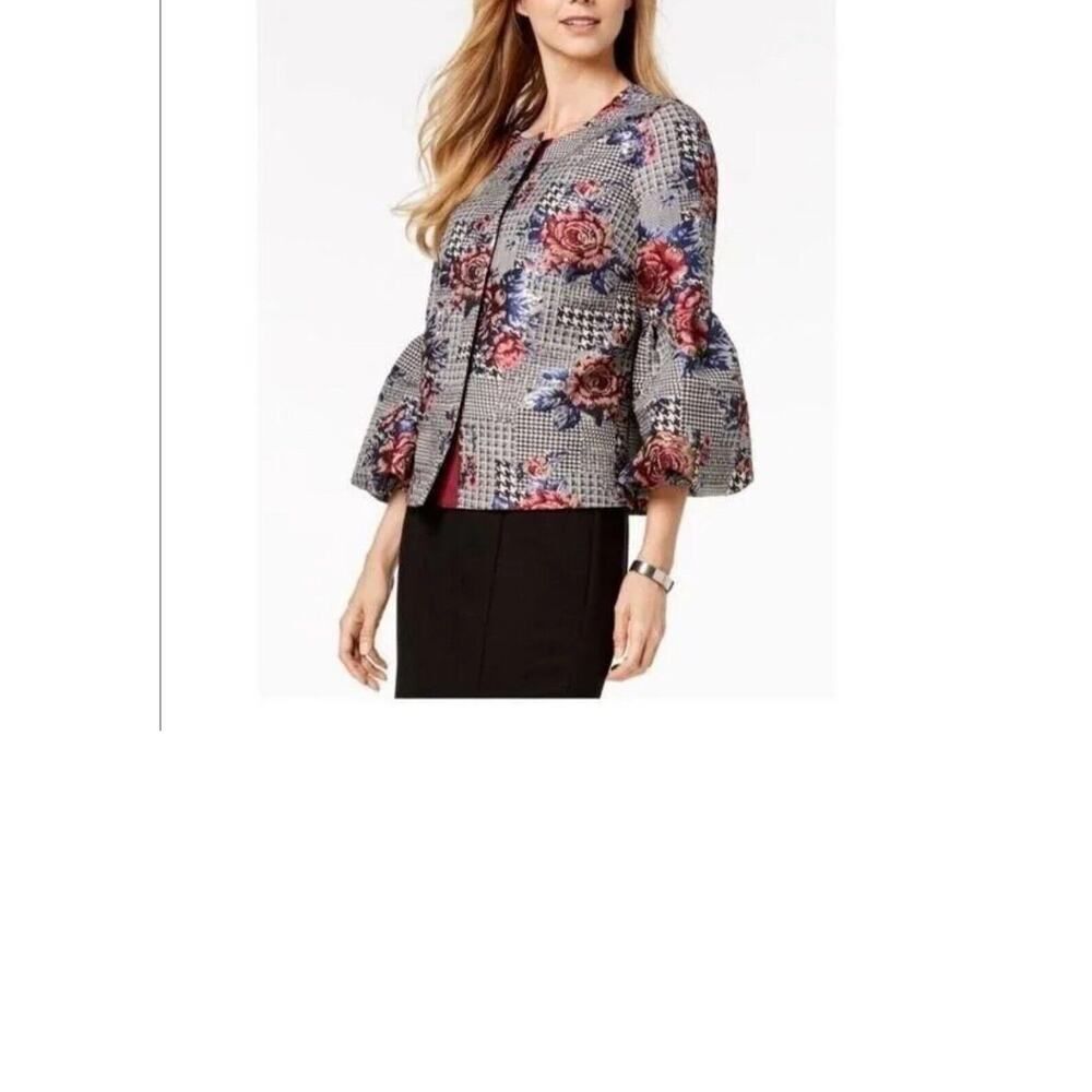 ALFANI Houndstooth Floral Blazer Bubble Balloon Sleeve Metallic Accent Jacket L