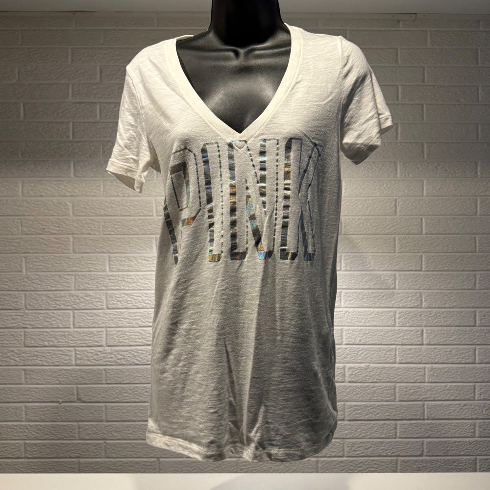 PINK Victoria's Secret White V-Neck Graphic T-Shirt Top Tee Medium