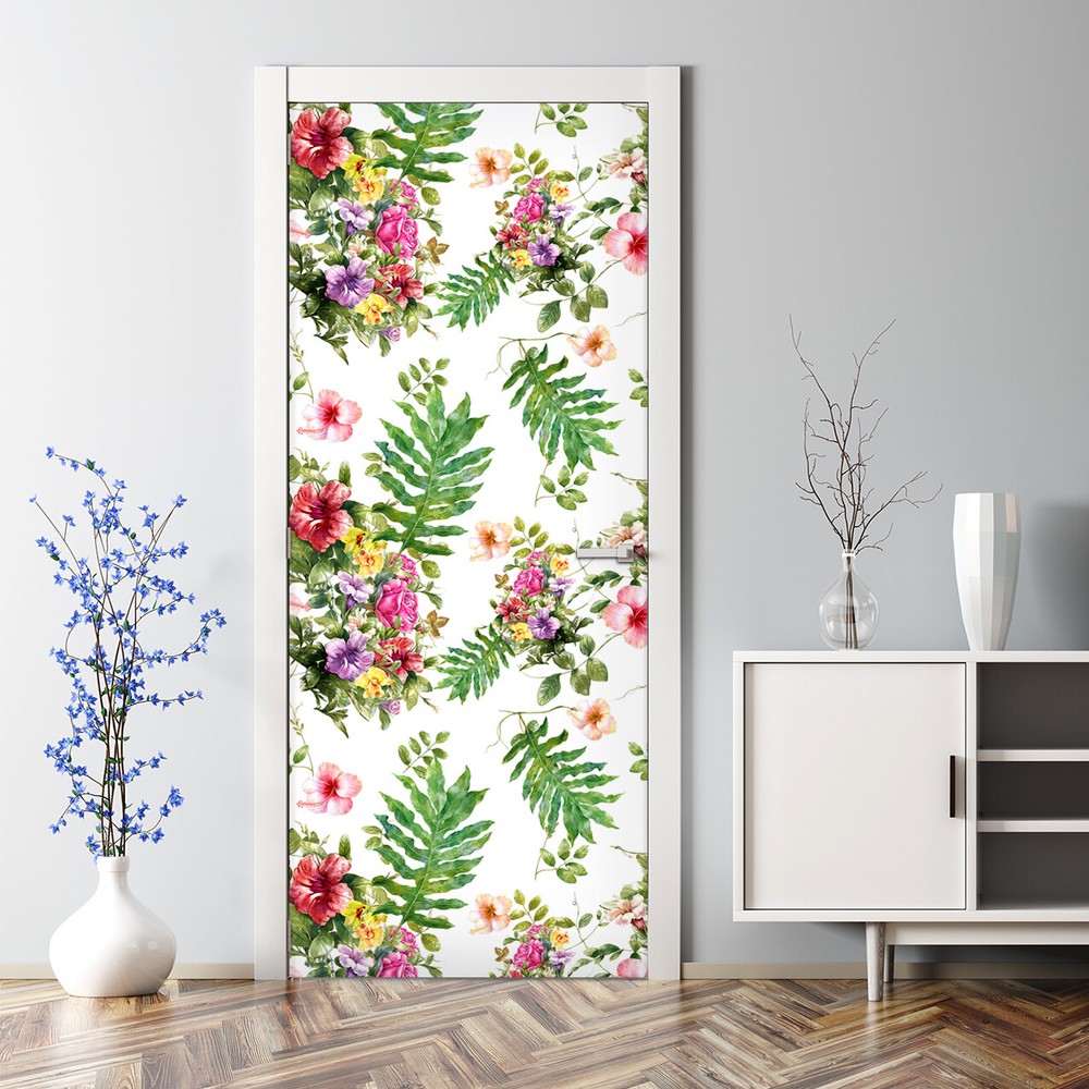 Adhesive Door sticker Watercolour painting of leaves and flowers Colourful Soft