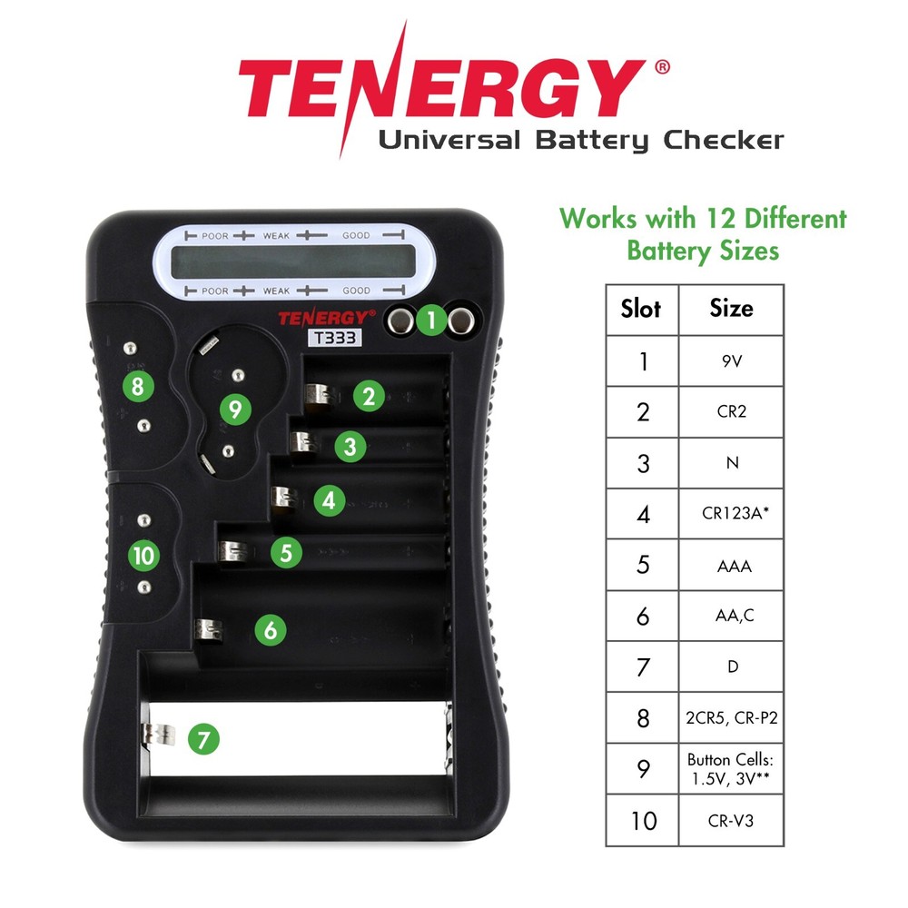 Tenergy T-333 Universal Battery Tester AA/AAA/C/D/9V/CR123A/CR2/CRV3/2CR5/CRP2