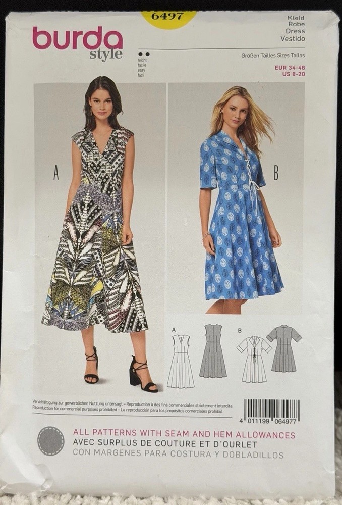 Burda 6497 Misses' A-line V Neck Dress Side Zip Sewing Pattern Size 8-20 Uncut