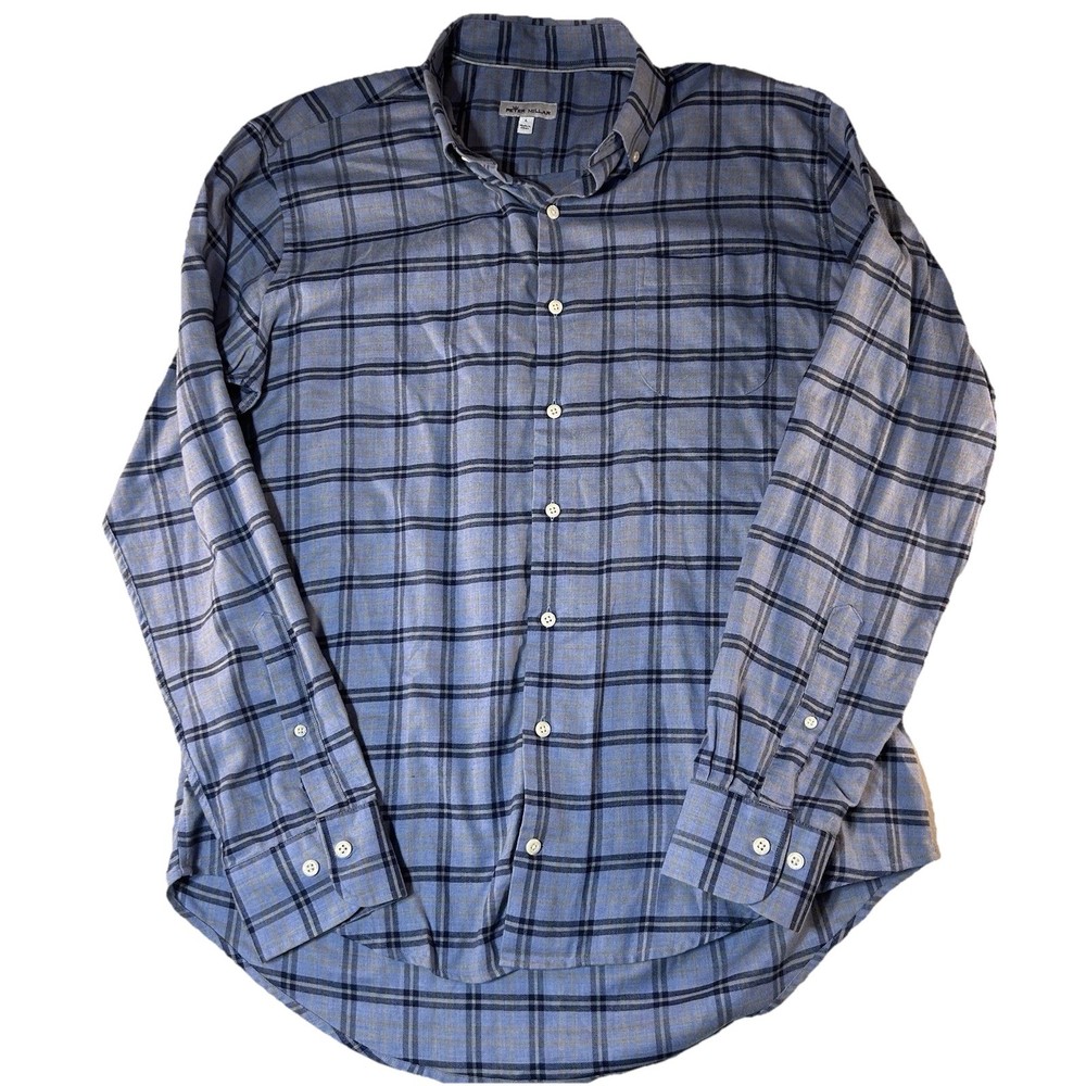 Peter Millar Flannel Shirt Mens Large Blue Plaid Button Down Soft Lightweight