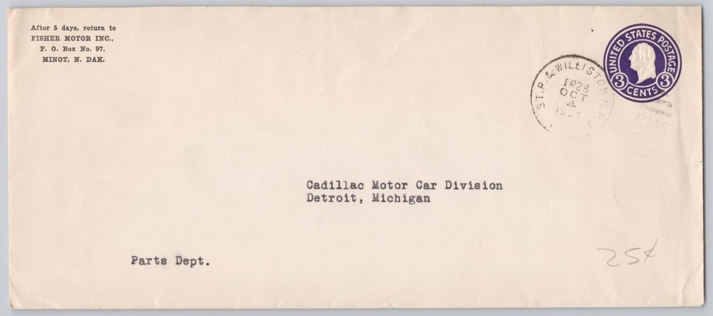 Detroit, Michigan, Cadillac Motor Car Division typed envelope, — 1938 — 25¢