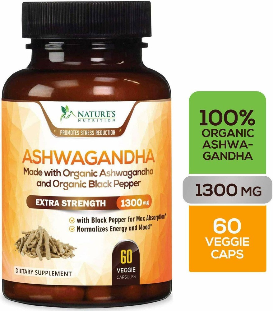 Nature's Nutrition Ashwagandha Root Powder- 1300mg- 60 Capsules