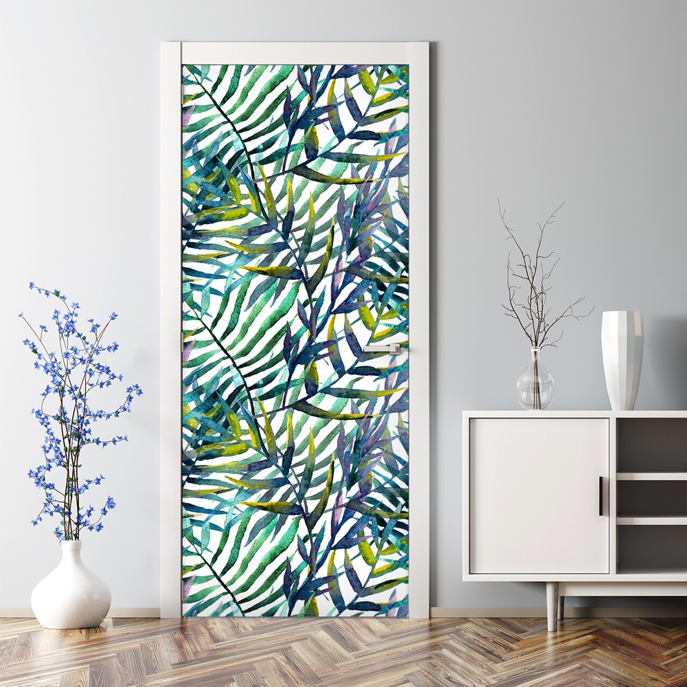 Abstract Green and Blue Bubble-Free Leaf Door Sticker Traditional Decal