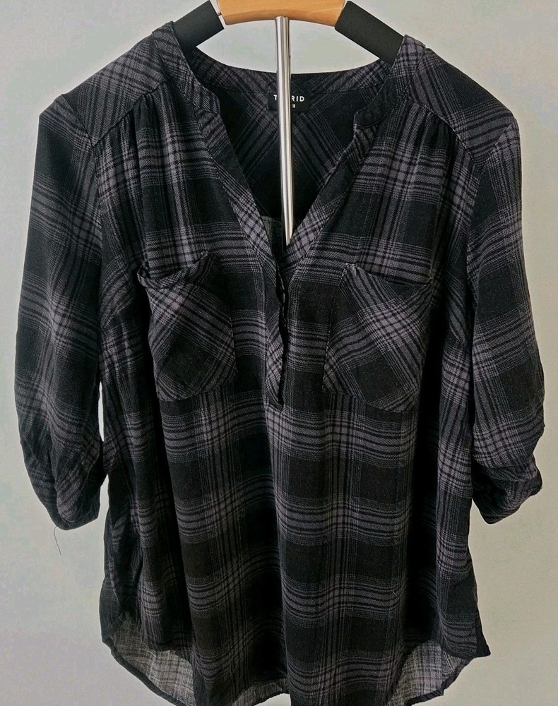 Torrid Harper Plaid Blouse Womens 00 Black Gray Sheer Roll Tab Sleeve...