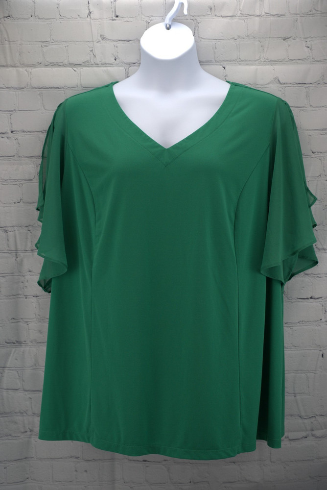 Susan Graver 3X Kelly Green Blouse – Liquid Knit Body, Sheer Sleeves, Plus Size,